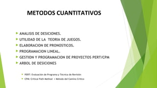 METODOS CUANTITATIVOS
 ANALISIS DE DESICIONES.
 UTILIDAD DE LA TEORIA DE JUEGOS.
 ELABORACION DE PRONOSTICOS.
 PROGRAMACION LINEAL.
 GESTION Y PROGRAMACION DE PROYECTOS PERT/CPM
 ARBOL DE DESICIONES
 
 PERT: Evaluación de Programa y Técnica de Revisión
 CPM: Critical Path Method = Método del Camino Crítico
 