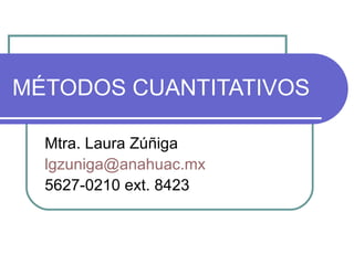MÉTODOS CUANTITATIVOS Mtra. Laura Zúñiga [email_address] 5627-0210 ext. 8423 