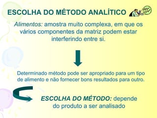 ESCOLHA DO MÉTODO ANALÍTICO
 Alimentos: amostra muito complexa, em que os
   vários componentes da matriz podem estar
              interferindo entre si.




  Determinado método pode ser apropriado para um tipo
  de alimento e não fornecer bons resultados para outro.


            ESCOLHA DO MÉTODO: depende
               do produto a ser analisado
 