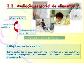 3.3. Avaliação sensorial de alimentos


         Consumidor

Atributos de
qualidade
                 Características
                 sensoriais

                      Textura, sabor, aroma, forma e cor


        Objetivo dos fabricantes

     Buscar melhorias no processamento que retenham ou criem qualidades
     sensoriais desejáveis ou reduzam os danos causados pelo
     processamento.
 