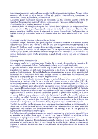 insectos como gorgojos y otros; algunas semillas pueden contener insectos vivos. Algunas pestes
comunes tales como gorgojos, ácaros, polillas, etc. pueden ocasionalmente encontrarse en
semillas de cereales, leguminosas y otras semillas.
La semilla puede examinarse mediante un microscopio de bajo aumento cuando se trata de
identificar hongos por sus cuerpos frustíferos como acérvulos y picnidios en la semilla seca.
Examen después de suavizar o sumergir la semilla
La semilla puede ser sumergida en agua u otro fluido a fin de lograr que los cuerpos fructíferos
se tornen más visibles o para lograr (condiciones en las cuales las esporas sean liberadas tales
como exudados de picnídios, masas de esporas de las glumas de gramíneas. En algunos casos es
necesario sumergir la semilla a fin de detectar condiciones tales como "corazón hueco" en Pisum
spp.

Examen de material removido de las semillas por lavado
Esporas de hongos, nematodos, etc. que acompañan las semillas adheridos a las mismas pueden
ser removidos agitando 100 semillas o más, en agua con un agente mojante (detergente), o en
alcohol. El fluido se puede entonces filtrar, centrifugar o evaporar a un volumen reducido para
luego examinar la presencia de microorganismos. En los organismos que se encuentran en las
semillas y que pueden ser detectados mediante la aplicación de este método, se recomienda su
empleo únicamente como prueba preliminar, la cual deberá seguirse con una investigación
completa.

Examen posterior a la incubación
La muestra puede ser examinada para detectar la presencia de organismos causantes de
enfermedades, plagas y desórdenes fisiológicos después de un período de incubación.
La prueba llamada de papel secante resulta muy efectiva para ese propósito. Las semillas, sin
pretratamiento alguno, son colocadas ordenadamente a fin de que las plántulas no entren en
contacto. La temperatura y la humedad deberán estandarizarse de acuerdo a los requisitos del
patógeno y de la semilla que actúa como huésped, aunque las condiciones frecuentemente son
similares a las empleadas para los estudios de germinación.
Debido a que la esporulación de muchos hongos es estimulada por la luz en especial sí esta es
intermitente y contiene radiación en la región del espectro cercana a ultravioleta (UV). Se
recomienda para la mayoría de las semillas períodos de luz de 12 horas seguidos de 12 horas de
oscuridad. En algunos casos el desarrollo de algunos hongos requiere condiciones especia les,
por ejemplo: Helminthosporium victorias en avena requiere temperaturas altas (28°C); Septoría
nodorum en algunas variedades de trigo causa protuberancias en el coleóptilo de las plántulas, en
especial cuando la humedad es escasa y solamente permite la germinación. Además, en el caso
de ataque de Fusarium en trigo que resulta más fácilmente detestable si las semillas se incuban
en completa oscuridad. Aunque la presencia de ciertos organismos sin la necesidad de lentes o
sea a simple vista, un microscopio estereoscópico es a menudo necesario a fin de lograr una
identificación más precisa y un microscopio de investigación a fin de identificar las esporas.
También las semillas pueden colocarse sobre agar, generalmente después de un pretratamiento, a
fin de que se desarrollen las colonias características de cada organismo; en estos casos los
organismos son identifica dos microscópicamente, sin embargo a fin de ser precisos es
recomendable la observación microscópica.
Los daños ocasionados por insectos pueden a menudo apreciarse mejor separando los cotiledones
o cortando las semillas. Para lograr lo anterior con mayor facilidad las semillas pueden
sumergirse en agua para suavizarlas o cortarlas al final del período de incubación.
Otro método para el examen de semillas es plantándolas en arena o polvo de ladrillo seguidas de
un período de incubación de 10 a 14 días, sin que las semillas hayan recibido pretratamiento
alguno); la humedad entonces será alta, lo que permite a los patógenos atacar a las plántulas en
desarrollo.
 