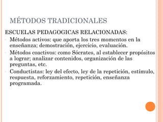 MÉTODOS TRADICIONALES
ESCUELAS PEDAGOGICAS RELACIONADAS:
- Métodos activos: que aporta los tres momentos en la
  enseñanza; demostración, ejercicio, evaluación.
- Métodos coactivos: como Sócrates, al establecer propósitos
  a lograr; analizar contenidos, organización de las
  preguntas, etc.
- Conductistas: ley del efecto, ley de la repetición, estímulo,
  respuesta, reforzamiento, repetición, enseñanza
  programada.
 