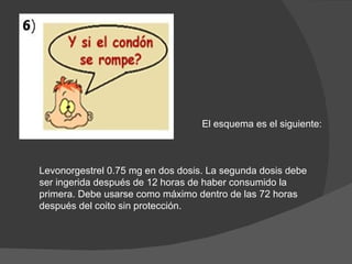 El esquema es el siguiente:



Levonorgestrel 0.75 mg en dos dosis. La segunda dosis debe
ser ingerida después de 12 horas de haber consumido la
primera. Debe usarse como máximo dentro de las 72 horas
después del coito sin protección.
 