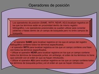 Operadores de posición



  Los operadores de posición (SAME, WITH, NEAR, ADJ) localizan registros en
  los que los términos están en proximidad dentro de mismo registro
  bibliográfico. Los operadores posicionales se pueden utilizar para conectar
  palabras o frases dentro de un campo de búsqueda pero no entre campos de
  búsqueda.



• el operador SAME para localizar registros en los que el campo del registro
bibliográfico contiene todos los términos especificados.
• el operador WITH para localizar registros en los que un campo contiene una frase
con todos los términos especificados.
• Utilizar el operador NEAR para localizar registros en los que un campo contiene
todos los términos de búsqueda juntos; sin embargo, el orden de los términos no tiene
que coincidir con el orden en que se hayan introducido.
• Utilizar el operador ADJ para localizar registros en los que un campo contiene todos
los términos de búsqueda juntos y en el orden en que se hayan introducido
 
