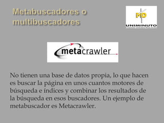 No tienen una base de datos propia, lo que hacen
es buscar la página en unos cuantos motores de
búsqueda e índices y combinar los resultados de
la búsqueda en esos buscadores. Un ejemplo de
metabuscador es Metacrawler.
 