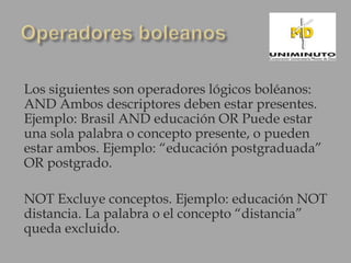 Los siguientes son operadores lógicos boléanos:
AND Ambos descriptores deben estar presentes.
Ejemplo: Brasil AND educación OR Puede estar
una sola palabra o concepto presente, o pueden
estar ambos. Ejemplo: “educación postgraduada”
OR postgrado.

NOT Excluye conceptos. Ejemplo: educación NOT
distancia. La palabra o el concepto “distancia”
queda excluido.
 