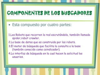 • Esta compuesto por cuatro partes:

1.Los Robots que recorren la red escrutándola, también llamada
   spider,robot crawler.
2.La base de datos que es construida por los robots.
3.El motor de búsqueda que facilita la consulta a la base
   (también conocido como coindicador).
4.La interfaz de búsqueda en la cual hacen la solicitud los
   usuarios.
 