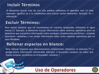 Si deseamos buscar más de una sóla palabra utilizamos el operador mas (+) éste
 operador significa (y) y lo empleamos para buscar varios elementos. Ejemplo: tic +
 educación.



Para excluir palabras que no necesitamos en nuestras búsquedas utilizamos el signo
menos (-). Ejemplo: si deseamos buscar información sobre sistemas operativos pero no
deseamos que encuentre información sobre windows, simplemente escribimos : sistemas
operativos –windows y nos arroja información sobre otros sistemas operativos que no
sean Windows.


Para rellenar espacios que desconozcamos simplemente utilizamos el asterisco (*) y
google busca información relacionada. Ejemplo: si buscamos celulares sin saber que
marca comprar, escribimos en el buscador: celulares *
 
