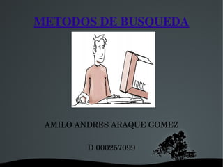 METODOS DE BUSQUEDA




      RESENTADO POR:

 AMILO ANDRES ARAQUE GOMEZ

         D 000257099
 