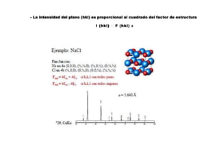 - La intensidad del plano (hkl) es proporcional al cuadrado del factor de estructura
I (hkl) F (hkl) 2
 