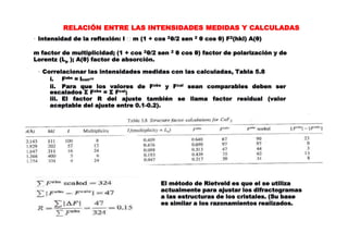 RELACIÓN ENTRE LAS INTENSIDADES MEDIDAS Y CALCULADAS
· Intensidad de la reflexión: I m (1 + cos 2θ/2 sen 2 θ cos θ) F2(hkl) A(θ)
m factor de multiplicidad; (1 + cos 2θ/2 sen 2 θ cos θ) factor de polarización y de
Lorentz (Lp ); A(θ) factor de absorción.
· Correlacionar las intensidades medidas con las calculadas, Tabla 5.8
i. Fobs = Icorr1/2
ii. Para que los valores de Fobs y Fcal sean comparables deben ser
escalados Σ Fobs = Σ Fcal;
iii. El factor R del ajuste también se llama factor residual (valor
aceptable del ajuste entre 0.1-0.2).
El método de Rietveld es que el se utiliza
actualmente para ajustar los difractogramas
a las estructuras de los cristales. (Su base
es similar a los razonamientos realizados.
 