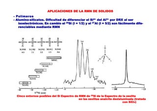 APLICACIONES DE LA RMN DE SOLIDOS
- Polímeros
- Alumino-silicatos. Dificultad de diferenciar el Si4+ del Al3+ por DRX al ser
isoelectrónicos. En cambio el 29Si (I = 1/2) y el 27Al (I = 5/2) son fácilmente dife-
renciables mediante RMN
Cinco entornos posibles del Si Espectro de RMN de 29Si de la Espectro de la zeolita
en las zeolitas analcita deslaluminada (tratada
con SiCl4)
 