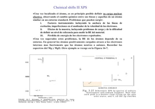 Cheinical shifts lll XPS
Una vez localizado el átomo, es en principio posible definir su carga nuclear
efectiva observando el cambio químico entre sus líneas y aquellas de un átomo
similar en un entorno standard. Problemas que pueden surgir:
i. Factores instrumentales incluyendo la anchura de las líneas de
excitación, imperfecciones en el analizador de la velocidad de los electrones.
ii. Efectos de la muestra, incluyendo problemas de carga y de la dificultad
de definir un nivel de referencia para medir la BE del material.
iii. Pérdida de energía de los electrones expulsados.
Una vez superados estos problemas, la BE de los átomos depende de su
entorno. En general los átomos positivamente cargados atraen a los electrones
internos mas fuertemente que los átomos neutros o aniones. Recordar los
espectros del Mg y MgO. Otro ejemplo se recoge en la Figura 16-7.
396 404 412
9inding ene rg y (eV1
FIGURE 16-7. Nrtrogen ls photoele-ctron spectrum for trans-
I[Co(NH2CH2CH2NH2)2(NO,),1N103. [From D. N. Hend-ickson, J. M.
Hollancler, and Vd_ L. Jolly, Snorg. Chern_. a 2642 (1969)1
2-
o
CD" Nvo
KINETIG ENERGY
Fig. 3.27 Schcrnatic XPS 2p spectra of sodiurn
thiosulphate and sodium sulphate. Note that
cach peak is a doubiet clepe.ticling on the spin
orbit statcs, and 4, cd the 2p cleetwn
NO2
11 NI 11C 3
- • I -'21
350C
25002500
1500
1 -
tfl
CENTRAL S TERMINAL S 2-
5
 
