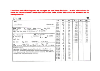 Los datos del difractograma se recogen en una base de datos. La más utilizada es la
base del International Center for Diffraction Data. Ficha del cuarzo se muestra en la
transparencia.
 