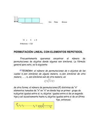 Oro   Plata   Bronce




           10   x   9   x 8

      # Maneras = 720




PERMUTACIÓN LINEAL CON ELEMENTOS REPETIDOS.

      Frecuentemente        queremos encontrar el   número   de
permutaciones de objetos donde algunos son similares. La fórmula
general para esto, es la siguiente:

       TEOREMA: el número de permutaciones de n objetos de los
     [1]

cuales n1 son similares de alguna manera, n2 son similares de otra
manera, …. , nr son similares aún de otra manera, es



de otra forma; el número de permutaciones (P) distintas de “n”
elementos tomados de “n” en “n” en donde hay un primer grupo de
n1objetos iguales entre si; n2 objetos iguales entre si de un segundo
tipo y así sucesivamente hasta nk objetos iguales entre si de un último
                                           tipo, entonces:
 
