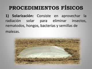 PROCEDIMIENTOS FÍSICOS
1) Solarización: Consiste en aprovechar la
radiación solar para eliminar insectos,
nematodos, hongos, bacterias y semillas de
malezas.
 