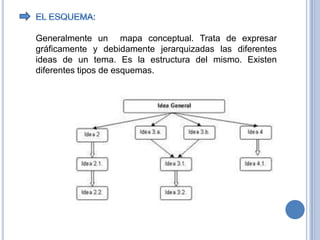 EL ESQUEMA:Generalmente un  mapa conceptual. Trata de expresar gráficamente y debidamente jerarquizadas las diferentes ideas de un tema. Es la estructura del mismo. Existen diferentes tipos de esquemas.