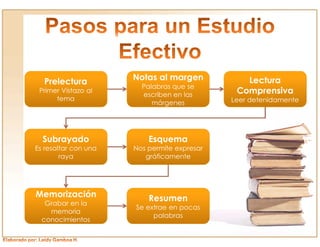 Prelectura          Notas al margen           Lectura
                        Palabras que se
 Primer Vistazo al
                        escriben en las
                                              Comprensiva
      tema                                   Leer detenidamente
                           márgenes




  Subrayado               Esquema
Es resaltar con una   Nos permite expresar
        raya             gráficamente




Memorización              Resumen
   Grabar en la
                      Se extrae en pocas
    memoria
                           palabras
  conocimientos
 