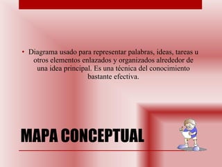 MAPA CONCEPTUAL Diagrama usado para representar palabras, ideas, tareas u otros elementos enlazados y organizados alrededor de una idea principal. Es una técnica del conocimiento bastante efectiva. 