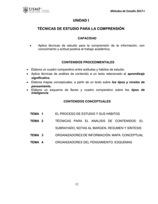 Métodos de Estudio 2017-I
UNIDAD I
TÉCNICAS DE ESTUDIO PARA LA COMPRENSIÓN
CAPACIDAD
 Aplica técnicas de estudio para la comprensión de la información, con
conocimiento y actitud positiva al trabajo académico.
CONTENIDOS PROCEDIMENTALES
 Elabora un cuadro comparativo entre actitudes y hábitos de estudio.
 Aplica técnicas de análisis de contenido a un texto relacionado al aprendizaje
significativo.
 Elabora mapas conceptuales, a partir de un texto sobre los tipos y niveles de
pensamiento.
 Elabora un esquema de llaves y cuadro comparativo sobre los tipos de
inteligencia
CONTENIDOS CONCEPTUALES
TEMA 1 EL PROCESO DE ESTUDIO Y SUS HÁBITOS
TEMA 2 TÉCNICAS PARA EL ANALISIS DE CONTENIDOS: EL
SUBRAYADO, NOTAS AL MARGEN, RESUMEN Y SÍNTESIS
TEMA 3 ORGANIZADORES DE INFORMACIÓN: MAPA CONCEPTUAL
TEMA 4 ORGANIZADORES DEL PENSAMIENTO: ESQUEMAS
12
 