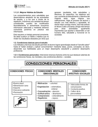Métodos de Estudio 2017-I
1.1.3.1. Mejorar Hábitos de Estudio
Los comportamientos poco saludables que
desarrollamos alrededor de las actividades
de estudio, y a los que a través de la
repetición, invertimos una cantidad de tiempo
considerable, pueden ser modificados
favorablemente si activamente buscamos
información adecuada y mediante esfuerzo
consciente ponemos en práctica esa
información.
Esto requiere un trabajo personal consciente.
Se debe sustituir un hábito o hábitos que no
rinden los resultados deseados por otros que
generen resultados más saludables y
efectivos. En específico. los objetivos son
que: aumente el entendimiento y retentiva del
material leído, logre mejorar sus
calificaciones, haga el proceso de lectura y
estudio uno más efectivo y agradable, se
sienta mejor consigo mismo, sea más exitoso
en llevar a cabo una tarea y tenga más tiempo
para otras actividades igualmente
importantes que aportan a desarrollar un ser
humano feliz, saludable y funcional en la
sociedad.
.
1.2. Condiciones básicas para el estudio
Los métodos y técnicas de estudio permiten al alumno lograr aprendizajes desde el "sencillo saber"
hasta el "saber analizar y aplicar conocimientos" mediante ideas, juicios, conceptos; es decir,
desarrollar sus habilidades para un mejor desempeño estudiantil y posterior desempeño
profesional.
1.2.1. Condiciones personales: Intervienen diversos factores entre los que destacan además de
las condiciones físicas, las mentales y las condiciones afectivo – sociales.
15
 