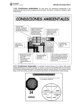Métodos de Estudio 2017-I
1.2.2. Condiciones ambientales: En este punto nos referiremos rápidamente a las
condiciones del entorno como el espacio, la sonorización, iluminación, ventilación, mobiliario, útiles
e información.
1.2.3. Condiciones temporales: La actividad humana discurre en el tiempo. Éste existe
independientemente de nuestra voluntad, es continuo y discurre irreversiblemente, de tal manera
que el tiempo perdido jamás vuelve. El tiempo para culminar nuestra carrera, en la mayoría de los
casos, es de cinco años, por ello es conveniente administrar convenientemente nuestro tiempo.
 