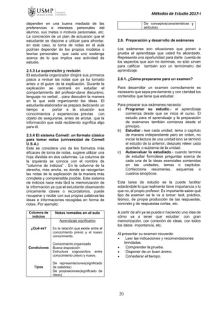 Métodos de Estudio 2017-I
dependen en una buena mediada de las
preferencias e intereses personales del
alumno, sus metas o motivos personales, etc.
La concreción de un plan de actuación que el
estudiante se dispone a utilizar para afrontar,
en este caso, la toma de notas en el aula
podrían depender de los propios modelos o
teorías personales que cada uno sostenga
acerca de lo que implica esa actividad de
estudio.
2.5.3 La supervisión y revisión
El estudiante organizador dirigirá sus primeros
pasos a revisar las notas que ya ha tomado
antes o el guion de la explicación. Durante la
explicación se centrará en estudiar el
comportamiento del profesor-clave discursivo,
lenguaje no verbal…-para descubrir la manera
en la que está organizando las ideas. El
estudiante elaborador se prepara dedicando un
tiempo a portar a la situación sus
conocimientos y experiencias previas con
objeto de asegurarse, antes de anotar, que la
información que está recibiendo significa algo
para él.
2.5.4 El sistema Cornell: un formato clásico
para tomar notas (universidad de Cornell
U.S.A.)
Este se considera uno de los formatos más
eficaces de toma de notas, sugiere utilizar una
hoja dividida en dos columnas. La columna de
la izquierda se conoce con el nombre de
“columna de indicios” . En la columna de la
derecha, más ancha, es donde se recogerían
las notas de la explicación de la manera más
completa y comprensible posible. Este sistema
de indicios hace más fácil la memorización de
la información ya que el estudiante observando
únicamente claves o recordatorios, puede
recuperar y recitar con sus propias palabras las
ideas e informaciones recogidas en forma de
notas. Por ejemplo:
Columna de
indicios
Notas tomadas en el aula
¿Qué es?
Condiciones
Tipos
Aprendizaje significativo
Es la relación que existe entre el
conocimiento previo y el nuevo
conocimiento.
Conocimiento organizado
Buena disposición
Estructura cognoscitiva entre
conocimiento previo y nuevo.
De representaciones(significado
de palabras)
De proposiciones(significado de
ideas)
De conceptos(características y
atributos)
2.6. Preparación y desarrollo de exámenes
Los exámenes son situaciones que ponen a
prueba el aprendizaje que usted ha alcanzado.
Representa una oportunidad para darte cuenta de
los aspectos que aún no dominas, no sólo sirven
para calificar también son un termómetro del
aprendizaje.
2.6.1. ¿Cómo prepararse para un examen?
Para desarrollar un examen correctamente es
necesario que sepa previamente y con claridad los
contenidos que tiene que estudiar.
Para preparar sus exámenes necesita:
a) Programar su estudio.- el aprendizaje
comienza desde que se inicia el curso. El
estudio para el aprendizaje y la preparación
de exámenes también comienza desde el
principio.
b) Estudiar.- leer cada unidad, tema o capítulo
de manera independiente pero en orden, no
iniciar la lectura de una unidad sino se terminó
el estudio de la anterior, después releer cada
apartado o subtema de la unidad.
c) Autoevaluar lo estudiado.- cuando termine
de estudiar formúlese preguntas acerca de
cada una de la ideas esenciales contenidas
en las unidades, temas o capítulos.
Confeccione resúmenes, esquemas o
cuadros sinópticos.
Esta tarea de estudio se la puede facilitar
aclarándole lo que realmente tiene importancia y lo
que no, el propio profesor. Es importante saber qué
tipo de examen se le va a tomar: test, práctico,
teórico, de propia producción de las respuestas,
concreto y de respuestas cortas, etc.
A partir de ahí ya se puede ir haciendo una idea de
cómo va a tener que estudiar: con gran
memorización, con conexión de ideas, con todos
los datos importancia, etc.
Al presentar su examen recuerde:
 Leer las indicaciones y recomendaciones
brindadas.
 Comprender la prueba.
 Disponer de un buen ánimo.
 Considerar el tiempo.
20
 