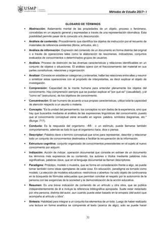 Métodos de Estudio 2017– I
GLOSARIO DE TÉRMINOS
 Abstracción: Aislamiento mental de las propiedades de un objeto, proceso o fenómeno,
concebidas en un aspecto general y expresadas a través de una representación idiomática. Esta
posibilidad permite pasar de lo conocido a lo desconocido.
 Análisis de contenido: Procedimiento que identifica los objetos de instrucción por el recuento de
materiales de referencia existentes (libros, artículos, etc.).
 Análisis de información: Expresión del contenido de un documento en forma distinta del original
o a través de operaciones tales como la elaboración de resúmenes, indicadores, conjuntos
evaluados de conocimientos o determinados grupos de usuarios.
 Análisis: Proceso de distinción de las diversas características y relaciones identificables en un
conjunto de objetos o situaciones. El análisis opera con el fraccionamiento del material en sus
partes constitutivas, relaciones y organización.
 Analizar: Consiste en establecer categorías y ordenarlas, hallar las relaciones entre ellas y resumir
o sintetizar estas operaciones con el propósito de interpretarlas, es decir explicar el objeto de
investigación.
 Comprensión: Capacidad de la mente humana para entender plenamente los objetos del
conocimiento. Hay comprensión siempre que se puedan explicar el "por qué es" (casualidad), y el
"como es" (estructura), de los objetivos de conocimiento.
 Concentración: El ser humano de acuerdo a sus propias características, utiliza toda la capacidad
de atención respecto a un asunto o materia.
 Concepto: "Es la unidad del pensamiento, los conceptos no son dados de la experiencia, sino que
hay que buscarlos mediante el análisis de las expresiones lingüísticas del conocimiento; puesto
que el conocimiento conceptual viene envuelto en signos: palabra, símbolos diagramas, etc."
(Bunge: 717).
 Conducta: Es la respuesta del organismo frente o un estímulo, puede llamarse también
comportamiento, además es todo lo que el organismo hace, dice o piensa.
 Descriptor: Palabra clave o termino conceptual que sirve para representar, describir y relacionar
todo un conjunto de conocimientos destinados a facilitar la recuperación de la información.
 Estructura cognitiva: conjunto organizado de conocimientos preexistentes en el sujeto al nuevo
conocimiento por adquirir.
 Indización: Acción de indizar, operación documental que consiste en extraer de un documento
los términos más expresivos de su contenido, los autores o títulos mediante palabras más
significativas, palabras clave, que en el lenguaje documental se llaman descriptores.
 Paradigma: Prototipo, modelo o muestra, que se forma en consideración frente a algo, se puede
tomar también como ideas ejemplares de cada cosa. En educación, paradigma es tornado como
modelo. La elección de modelos educativos -restrictivos o abiertos- ha sido objeto de controversia
en la búsqueda de fórmulas adecuadas que permitan conciliar el respeto por la autonomía de la
persona con las exigencias de la sociedad y la democratización de la acción educativa.
 Resumen: Es una breve indicación de contenido de un artículo u otra obra, que se publica
independientemente de él e incluye la referencia bibliográfica apropiada. Suele estar redactado
por otra persona, distinta del autor, aun cuando puede estar basado en la sinopsis (del autor) que
acompaña al artículo u obra”.
 Síntesis: Habilidad para integrar a un conjunto los elementos de un todo. Luego de haber realizado
una lectura en forma analítica se comprende el texto (acerca de algo), solo se puede hacer
-44-
31
 
