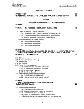Métodos de Estudio 2017-I
ÍNDICE DE CONTENIDO
INTRODUCCIÓN 09
COMPETENCIA, CAPACIDADES, ACTITUDES Y PAUTAS PARA EL ESTUDIO 10
UNIDAD I
TÉCNICAS DE ESTUDIO PARA LA COMPRENSIÓN
SEMANA 1
TEMA 1: EL PROCESO DE ESTUDIO Y SUS HÁBITOS 13
1.1. ¿Qué es estudiar y qué es aprender?
1.1.1. ¿Se aprende mejor cuando se sabe cómo se aprende?
1.1.2. ¿Cómo funciona nuestra mente cuando aprendemos?
1.1.3. Métodos, técnicas y estrategias para aprender.
1.2. Condiciones básicas para el estudio.
1.2.1. Condiciones personales
1.2.2. Condiciones ambientales
1.2.3. Condiciones temporales
SEMANA 2
TEMA 2: TÉCNICAS PARA EL ANÁLISIS DE CONTENIDOS: SUBRAYADO, NOTAS
AL MARGEN, RESUMEN, SÍNTESIS, TOMA DE APUNTES, PREPARACIÓN Y
DESARROLLO DE EXÁMENES 17
2.1. El subrayado
2.2. Notas o anotaciones al margen
2.3. El resumen
2.4. La síntesis
2.5. Toma de notas o apuntes
2.5.1. El conocimiento previo del estudiante
2.5.2. La planificación de la toma de notas
2.5.3. La supervisión y revisión
2.5.4. El sistema Cornell
2.6. Preparación y desarrollo de exámenes
2.6.1. ¿Cómo preparar un examen?
2.6.2. ¿Cómo resolver una prueba escrita?
SEMANA 3
TEMAS 3: ORGANIZADORES DE LA INFORMACIÓN:
MAPAS CONCEPTUALES 22
3.1. Los mapas conceptuales
3.1.1 ¿Qué es el mapa conceptual?
3.1.2. Características de los mapas conceptuales
3.1.3. Elementos del mapa conceptual
3.1.4 ¿Cómo se construyen los mapas conceptuales?
3.1.5 Algunas recomendaciones técnicas para su construcción
4
 