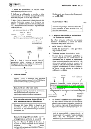 Métodos de Estudio 2017-I
Nombre de la
publicación
(Cursiva)
- La fecha de publicación se escribe entre
paréntesis seguido de un punto.
- El título de la publicación se escribe en letra
cursiva seguido de un punto. Si registra de forma
manual subraye el título de la publicación.
- El URL. Este es el elemento más importante del
registro electrónico porque, si no funciona, los
lectores no podrán encontrar el material que se
cita y la credibilidad de su trabajo o argumento se
verá perjudicado.
Los componentes de un URL:
http://www.apa.org/monitor/oct00/workplace.html
 Libro en Internet
 Documento sin autor y sin fecha
 Informe gubernamental disponible en el
sitio web de una agencia del gobierno
 Documento disponible en el sitio web de
una agencia de gobierno o universidad
Registro de un documento almacenado
en un CD-ROM
 Registro de un video
7.2.2. Registro electrónico de documentos
de publicación periódica
Se refiere artículos publicados en revistas,
boletines electrónicos y bases de datos.
Consta de la siguiente estructura:
 Autor o autores del artículo
 Fecha de publicación entre paréntesis
seguido de un punto.
 Título del artículo seguido de un punto.
 Nombre de la publicación periódica en
cursiva seguido de una coma después el
volumen o año, el número de publicación
entre paréntesis seguido de una coma y el
número de páginas donde se encuentra el
artículo, si la fuente no registra el número de
páginas, este elemento se obvia. Si registra
de forma manual subraye el título de la
publicación periódica.
 Artículo
 de internet basado en una fuente impresa
En la actualidad existen artículos de revistas
electrónicas que son duplicados exactos de
las versiones impresas. Si has utilizado este
tipo de fuente para tu trabajo se registra así:
Artículo de una revista científica
exclusiva de Internet sin página
-65-
Paul, R. y Elder, L. (2003).La Mini-guía para el
pensamiento crítico: conceptos y herramienta.
Recuperado de http://www.criticalthinking.org/resoursce
urces/PDF/SPCondeptsandTools.pdf
Protocolo
Nombre del
anfitrión
Ruta de
directorio
Nombre del archivo del
documento específico
Autores
Fecha de
publicación
URL
Defensoría del Pueblo. (2008). La Salud de las
comunidades nativas: un reto para el estado.
Recuperado de http://www.defensoria.gob.pe/inform-
defensoriales.php
Vigo, G. y Nakano, T. (2007). El derecho a la
educación en el Perú. Recuperado del sitio web de la
Defensoría del Pueblo
http://www.defensoria.gob.pe/ci/CIMCSECVR/Derech
Espínola, J. (2005). El pensamiento crítico. Recuperado
dehttp://books.google.com.pebooks?id=YVmo77XC4C&prints
ec=frontcover&source=gbs_v2_summary_r&cad=0
10 tips para mejorar y desarrollar tu memoria. (s.f.).
Recuperado dehttp://www.englishcom.com.
mx/tips/destips/desarrollar-mejorar-memoria.html
Escalante, L., Escalante, B. y Lizanga, A. (agosto de 2008).
Comportamientos de los estudiantes en función a sus hábitos
de estudio. Revista Actualidades Investigativas En Educación,
8(2), 1-15. Recuperado de
http://revista.inie.ucr.ac.cr/articulos/22008/archivos/habitos.pdf
Autores
Título del
artículo
Volumen (Cursiva),
número y páginas
Título de la
publicación
(Cursiva)
Fecha de publicación
URL
Asociación de psicólogos americanos.(Productor).
(2000).Elaboración de textos en APA [DVD]. De
http://www.apa.org/videos/
Iguñiz, M. (agosto de 2006). La descentralización y la
transformación en la educación [¨versión electrónica].
Tarea, (61), 4-9. Recuperado de http://
www.tarea.org.pe//Administracionarchivos/boletin/
47
 