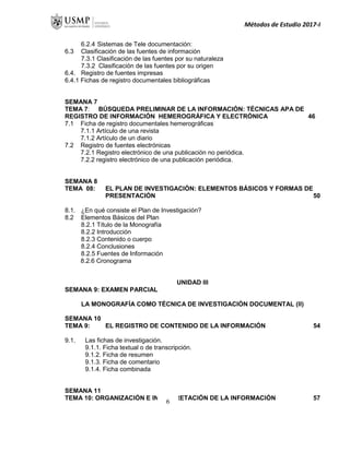 Métodos de Estudio 2017-I
6.2.4 Sistemas de Tele documentación:
6.3 Clasificación de las fuentes de información
7.3.1 Clasificación de las fuentes por su naturaleza
7.3.2 Clasificación de las fuentes por su origen
6.4. Registro de fuentes impresas
6.4.1 Fichas de registro documentales bibliográficas
SEMANA 7
TEMA 7: BÚSQUEDA PRELIMINAR DE LA INFORMACIÓN: TÉCNICAS APA DE
REGISTRO DE INFORMACIÓN HEMEROGRÁFICA Y ELECTRÓNICA 46
7.1 Ficha de registro documentales hemerográficas
7.1.1 Artículo de una revista
7.1.2 Artículo de un diario
7.2 Registro de fuentes electrónicas
7.2.1 Registro electrónico de una publicación no periódica.
7.2.2 registro electrónico de una publicación periódica.
SEMANA 8
TEMA 08: EL PLAN DE INVESTIGACIÓN: ELEMENTOS BÁSICOS Y FORMAS DE
PRESENTACIÓN 50
8.1. ¿En qué consiste el Plan de Investigación?
8.2 Elementos Básicos del Plan
8.2.1 Título de la Monografía
8.2.2 Introducción
8.2.3 Contenido o cuerpo
8.2.4 Conclusiones
8.2.5 Fuentes de Información
8.2.6 Cronograma
UNIDAD III
SEMANA 9: EXAMEN PARCIAL
LA MONOGRAFÍA COMO TÉCNICA DE INVESTIGACIÓN DOCUMENTAL (II)
SEMANA 10
TEMA 9: EL REGISTRO DE CONTENIDO DE LA INFORMACIÓN 54
9.1. Las fichas de investigación.
9.1.1. Ficha textual o de transcripción.
9.1.2. Ficha de resumen
9.1.3. Ficha de comentario
9.1.4. Ficha combinada
SEMANA 11
TEMA 10: ORGANIZACIÓN E INTERPRETACIÓN DE LA INFORMACIÓN 57
6
 