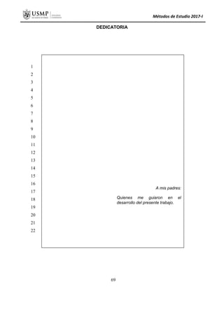 Métodos de Estudio 2017-I
DEDICATORIA
A mis padres:
Quienes me guiaron en el
desarrollo del presente trabajo.
1
2
3
4
5
6
7
8
9
10
11
12
13
14
15
16
17
18
19
20
21
22
69
 