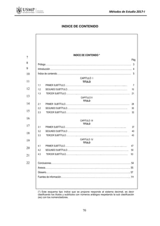 Métodos de Estudio 2017-I
INDICE DE CONTENIDO
INDICE DE CONTENIDO *
Pág
Prólogo …………………………………………………………………………………………………….. 3
Introducción ………………………………………………………………………………………………... 4
Índice de contenido……………………………………………………………………………………….. 5
CAPITULO I
TITULO
1.1 PRIMER SUBTÍTULO……………………….…………………………………………..….…….....… 7
1.2 SEGUNDO SUBTÍTULO…………………………………………………………………….………… 10
1.3 TERCER SUBTÍTULO……………..……………………………….……………………………………. 21
CAPITULO II
TITULO
2.1 PRIMER SUBTÍTULO …………………………………………………………………………………… 28
2.2 SEGUNDO SUBTÍTULO………………………………………………………………………………. 30
2.3 TERCER SUBTÍTULO……………..……………………………….……………………………………. 32
CAPITULO III
TITULO
3.1 PRIMER SUBTÍTULO……………………….…………………………………………..….…...…... 37
3.2 SEGUNDO SUBTÍTULO …………………………………………………………………….……….. 40
3.3 TERCER SUBTÍTULO……………..……………………………….…………………………………… 43
CAPITULO IV
TITULO
4.1 PRIMER SUBTÍTULO……………………….…………………………………………..….…...……. 47
4.2 SEGUNDO SUBTÍTULO….…………………………………………………………………….………. 50
4.3 TERCER SUBTÍTULO……………..……………………………….…………………………………. 53
Conclusiones………………………………………………….……..……………………………………. 54
Anexos……………………………………………………………..……………………………………… 55
Glosario…………………………………………………………………..……………………………….. 57
Fuentes de información………………………………………………………………………….. 59
7
8
9
10
11
12
13
14
15
16
17
18
19
20
21
22
(*) Este esquema tipo índice que se propone responde al sistema decimal, es decir
clasificando los títulos y subtítulos con números arábigos respetando la sub clasificación
(es) con los nomencladores.
70
 