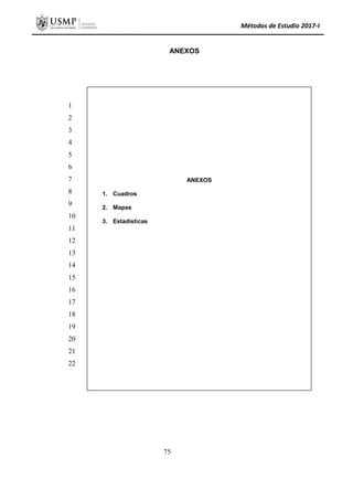 Métodos de Estudio 2017-I
ANEXOS
ANEXOS
1. Cuadros
2. Mapas
3. Estadísticas
1
2
3
4
5
6
7
8
9
10
11
12
13
14
15
16
17
18
19
20
21
22
75
 