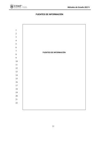 Métodos de Estudio 2017-I
FUENTES DE INFORMACIÓN
FUENTES DE INFORMACIÓN
1
2
3
4
5
6
7
8
9
10
11
12
13
14
15
16
17
18
19
20
21
22
77
 