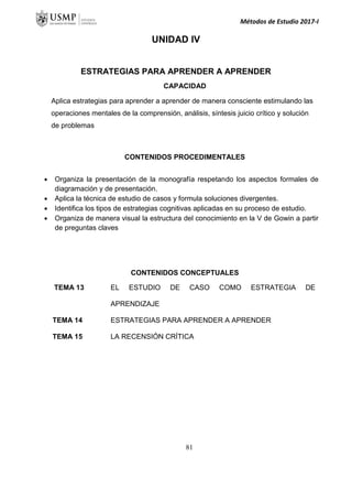 Métodos de Estudio 2017-I
UNIDAD IV
ESTRATEGIAS PARA APRENDER A APRENDER
CAPACIDAD
Aplica estrategias para aprender a aprender de manera consciente estimulando las
operaciones mentales de la comprensión, análisis, síntesis juicio crítico y solución
de problemas
CONTENIDOS PROCEDIMENTALES
 Organiza la presentación de la monografía respetando los aspectos formales de
diagramación y de presentación.
 Aplica la técnica de estudio de casos y formula soluciones divergentes.
 Identifica los tipos de estrategias cognitivas aplicadas en su proceso de estudio.
 Organiza de manera visual la estructura del conocimiento en la V de Gowin a partir
de preguntas claves
CONTENIDOS CONCEPTUALES
TEMA 13 EL ESTUDIO DE CASO COMO ESTRATEGIA DE
APRENDIZAJE
TEMA 14 ESTRATEGIAS PARA APRENDER A APRENDER
TEMA 15 LA RECENSIÓN CRÍTICA
81
 