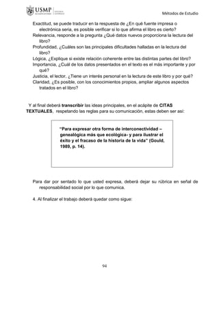 Métodos de Estudio
Exactitud, se puede traducir en la respuesta de ¿En qué fuente impresa o
electrónica seria, es posible verificar si lo que afirma el libro es cierto?
Relevancia, responde a la pregunta ¿Qué datos nuevos proporciona la lectura del
libro?
Profundidad, ¿Cuáles son las principales dificultades halladas en la lectura del
libro?
Lógica, ¿Explique si existe relación coherente entre las distintas partes del libro?
Importancia, ¿Cuál de los datos presentados en el texto es el más importante y por
qué?
Justicia, el lector, ¿Tiene un interés personal en la lectura de este libro y por qué?
Claridad, ¿Es posible, con los conocimientos propios, ampliar algunos aspectos
tratados en el libro?
Y al final deberá transcribir las ideas principales, en el acápite de CITAS
TEXTUALES, respetando las reglas para su comunicación, estas deben ser así:
“Para expresar otra forma de interconectividad –
genealógica más que ecológica- y para ilustrar el
éxito y el fracaso de la historia de la vida” (Gould,
1989, p. 14).
Para dar por sentado lo que usted expresa, deberá dejar su rúbrica en señal de
responsabilidad social por lo que comunica.
4. Al finalizar el trabajo deberá quedar como sigue:
94
 