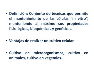 • Definición: Conjunto de técnicas que permite
  el mantenimiento de las células “in vitro”,
  manteniendo al máximo sus propiedades
  fisiológicas, bioquímicas y genéticas.

• Ventajas de realizar un cultivo celular

• Cultivo en microorganismos, cultivo en
  animales, cultivo en vegetales.
 
