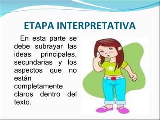 ETAPA INTERPRETATIVA En esta parte se debe subrayar las ideas principales, secundarias y los aspectos que no están completamente claros dentro del texto. 