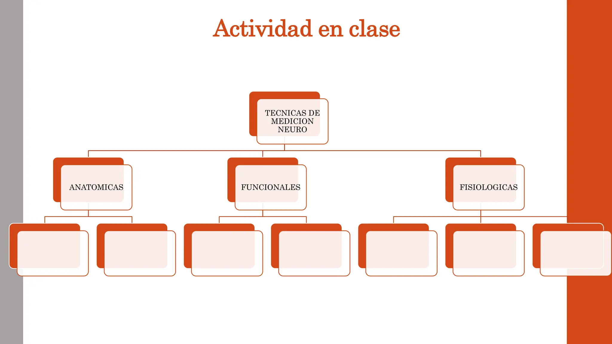 Actividad en clase
TECNICAS DE
MEDICION
NEURO
ANATOMICAS FUNCIONALES FISIOLOGICAS
 