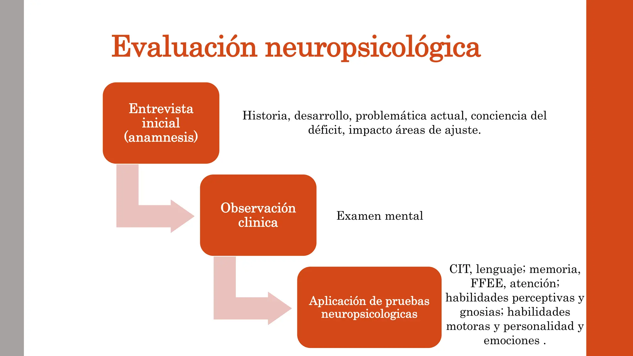 Evaluación neuropsicológica
Entrevista
inicial
(anamnesis)
Observación
clinica
Aplicación de pruebas
neuropsicologicas
Historia, desarrollo, problemática actual, conciencia del
déficit, impacto áreas de ajuste.
Examen mental
CIT, lenguaje; memoria,
FFEE, atención;
habilidades perceptivas y
gnosias; habilidades
motoras y personalidad y
emociones .
 