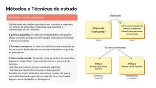 O que são
Flashcards?
frente
Cartões com perguntas
(frente) e respostas
(verso) para memorizar
um conteúdo.
verso
Flashcard:
Os flashcards são cartões que relacionam conceitos e organizam
um sistema de perguntas e respostas para maximizar a
memorização de um conteúdo.
1. Defina a pergunta: no material estudado defina uma palavra-
chave, conceito, princípio ou fórmula que você queira memorizar
e escreva no cartão.
2. Escreva a resposta: no verso do cartão escreva a resposta de
forma sucinta. Após elaborar os cartões embaralhe-os e guarde-
os para revisar.
3. Sistema de revisão: Na revisão tente se lembrar da resposta e
separe em duas pilhas: o que você lembrou e o que você não
lembrou.
-Cartões que lembrou (revise na semana seguinte)
-Cartões que não lembrou (revise no dia seguinte).
Aqueles que forem lembrados nessa nova revisão, vão para a
outra pilha (semana seguinte) e os que não forem lembrados,
seguem sendo revisados no dia seguinte.
Flashcards - cartões de pergunta
Métodos e Técnicas de estudo
Pilha 1
Lembrou a
resposta
Revisar na próxima
semana
Não lembrou
a resposta
Pilha 2
Revisar no dia seguinte
Sistema de Revisão:
 