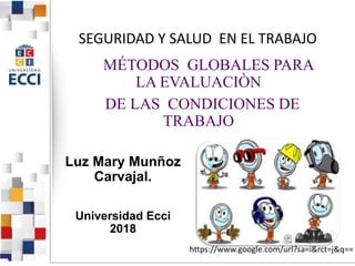 Luz Mary Munñoz
Carvajal.
Universidad Ecci
2018
MÉTODOS GLOBALES PARA
LA EVALUACIÒN
DE LAS CONDICIONES DE
TRABAJO
SEGURIDAD Y SALUD EN EL TRABAJO
https://www.google.com/url?sa=i&rct=j&q==
 