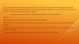  En los animales evaluamos la temperatura rectal, y es este un parámetro clínico bastante fijo que
presenta pocas variaciones fisiológicas. Entre estas, podemos contar la rumia, el ejercicio, el parto, el
celo, etc. nos dan variaciones de casi un grado.
Los pasos para una correcta toma de temperatura son las siguientes:
 Sujeción.
 Bajar la columna de mercurio y luego lubricar el termómetro.
 Introducirlo en el recto lo más profundamente posible y contactar la mucosa intestinal dejándolo 2
minutos.
 Retire el termómetro, límpielo si es necesario y haga la lectura. No tocar la vulva ya que ello podría
cambiar la lectura.
 Cada vez que utilice el termómetro límpielo con agua y jabón y desinféctelo.
 
