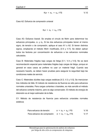 Capítulo V

125
Ktσ < σd = sut / FS

V.15

Caso A2: Esfuerzo de compresión uniaxial

Ktσ < σd = suc / FS

Caso A3: Esfuerzo biaxial. Se emplea el círculo de Mohr para determinar los
esfuerzos principales, σ1 y σ2. Si los dos esfuerzos principales tienen el mismo
signo, de tensión o de compresión, aplique el caso A1 o A2. Si tienen distintos
signos, empleando el método Mohr modificado, [V.5 y V.7]. Se deben aplicar
todos los factores por concentración de esfuerzos a los esfuerzos nominales
calculados.
Caso B: Materiales frágiles bajo cargas de fatiga [V.1, V.4 y V.5]. No se dará
recomendación especial para materiales frágiles bajo cargas de fatiga, porque en
general en esos casos se prefiere no usar un material frágil. Cuando sea
necesario hacerlo, se deben hacer pruebas para asegurar la seguridad bajo las
condiciones reales de servicio.
Caso C: Materiales dúctiles bajo cargas estáticas [V.2, V.3 y V.5]. Se mencionan
tres métodos de falla. El método de resistencia de fluencia es sólo para esfuerzos
normales uniaxiales. Para cargas cortantes o biaxiales, es más sencillo el método
del esfuerzo cortante máximo, pero es algo conservador. El método de energía de
distorsión es el mejor estimador de la falla.
C1: Método de resistencia de fluencia para esfuerzos uniaxiales normales
estáticos

Para esfuerzo de tensión:

σ < σd = syt / FS

V.16

Para esfuerzo de compresión:

σ < σd = syc / FS

V.17

Metodología para la optimización de análisis de esfuerzos
por fatiga de alto ciclo en componentes de máquinas

 