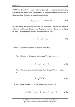 Capítulo V

126

C2: Método del esfuerzo cortante máximo. Se emplea para esfuerzos cortantes y
para esfuerzos combinados. Se determina el esfuerzo cortante máximo con el
círculo de Mohr. Entonces, la ecuación de diseño es:

τ m áx < τ d = s sy / FS = 0.50 s y / FS

V.18

C3: Método de la energía de distorsión. Se emplea para esfuerzos cortantes y
esfuerzos combinados. Se determina el esfuerzo cortante máximo con el círculo
de Mohr. Después se calcula el esfuerzo de von Mises, con:

2
σ ' = σ 12 + σ 2 − σ 1σ 2

V.19

También se pueden manejar las ecuaciones alternativas.

Para esfuerzos en direcciones ortogonales “x” y “y”; σ x , σ y = τ xy

2
2
σ ' = σ x2 + σ y − σ xσ y + 3τ xy

V.19a

Para esfuerzo uniaxial con cortante σy = 0, la Ecuación V.19a se reduce
a:

2
σ ' = σ x2 + 3τ xy

V.19b

Para esfuerzo triaxial: σ1, σ2, σ3 de modo que: σ1 > σ2 > σ3

σ' =

(

)

2
2
2
2 / 2 ⎡ (σ 2 − σ 1 ) + (σ 3 − σ 1 ) + (σ 3 − σ 2 ) ⎤
⎢
⎥
⎣
⎦

Metodología para la optimización de análisis de esfuerzos
por fatiga de alto ciclo en componentes de máquinas

V.19c

 