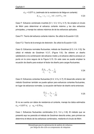 Capítulo V

128

s’sn = 0.577 s’n (estimado de la resistencia de fatiga en cortante)
K tτ máx < τ d = s ' sn / FS = 0.577 s n / FS

V.23

Caso F: Esfuerzo combinado invertido [V.1, V.3, V.5 y V.7]. Se empleó el círculo
de Mohr para determinar el esfuerzo cortante máximo y los dos esfuerzos
principales, y maneje los valores máximos de de los esfuerzos aplicados.
Caso F1: Teoría del esfuerzo cortante máximo. Se utilizó la Ecuación V.22.
Caso F.2: Teoría de la energía de distorsión. Se utilizó la Ecuación V.23.
Caso G: Esfuerzos normales fluctuantes; método de Goodman [V.3, V.4, V.5]. Se
utilizó el método de Goodman V.3.7, (Figura V.6). Se obtiene un diseño
satisfactorio si la combinación del esfuerzo medio y el esfuerzo alterno produce un
punto en la zona segura de la Figura 5.15. En este caso se puede emplear la
ecuación de diseño para evaluar el factor de diseño para cargas fluctuantes:

K tσ a σ m
1
+
=
s' n
su
FS

V.24

Caso H: Esfuerzos cortantes fluctuantes [V.4, V.5 y V.7]. El desarrollo anterior del
método Goodman también se puede aplicar para esfuerzos cortantes fluctuantes,
en lugar de esfuerzos normales. La ecuación del factor de diseño sería entonces:

K tτ a τ m
1
+
=
s ' sn
s su
FS

V.25

Si no se cuenta con datos de resistencia al cortante, maneje los datos estimados
s’sn = 0.577 s’n y

ssu = 0.75 su.

Caso I: Esfuerzos fluctuantes combinados [V.3, V.4 y V.8]. El método que se
presentó aquí es parecido al método de Goodman descrito antes, pero primero se
determina el efecto de los esfuerzos combinados, mediante el círculo de Mohr.
Metodología para la optimización de análisis de esfuerzos
por fatiga de alto ciclo en componentes de máquinas

 