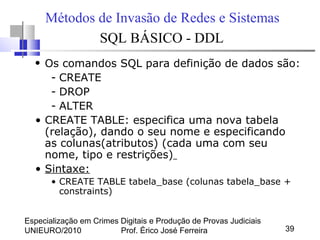 Especialização em Crimes Digitais e Produção de Provas Judiciais
UNIEURO/2010 Prof. Érico José Ferreira 39
Métodos de Invasão de Redes e Sistemas
SQL BÁSICO - DDL
• Os comandos SQL para definição de dados são:
- CREATE
- DROP
- ALTER
• CREATE TABLE: especifica uma nova tabela
(relação), dando o seu nome e especificando
as colunas(atributos) (cada uma com seu
nome, tipo e restrições)
• Sintaxe:
• CREATE TABLE tabela_base (colunas tabela_base +
constraints)
 