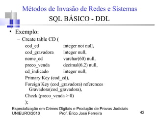 Especialização em Crimes Digitais e Produção de Provas Judiciais
UNIEURO/2010 Prof. Érico José Ferreira 42
Métodos de Invasão de Redes e Sistemas
SQL BÁSICO - DDL
• Exemplo:
– Create table CD (
cod_cd integer not null,
cod_gravadora integer null,
nome_cd varchar(60) null,
preco_venda decimal(6,2) null,
cd_indicado integer null,
Primary Key (cod_cd),
Foreign Key (cod_gravadora) references
Gravadora(cod_gravadora),
Check (preco_venda > 0)
);
 